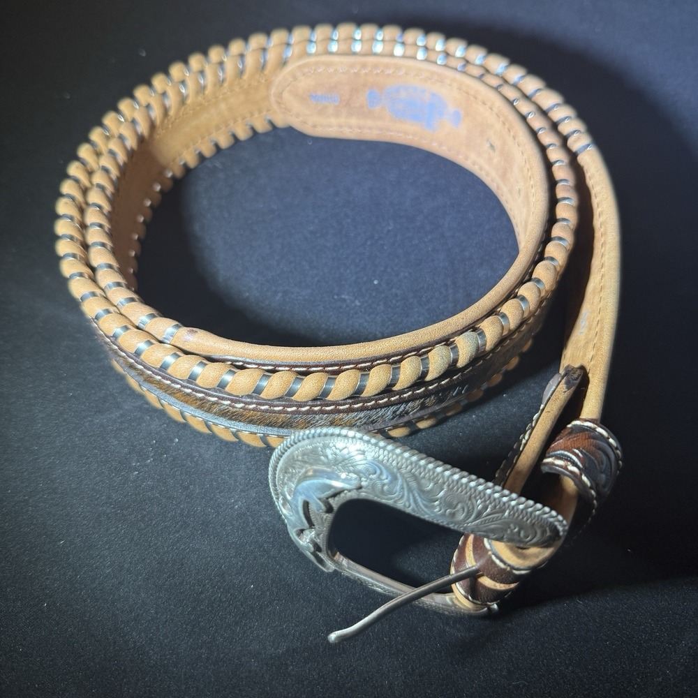 Justin Boots Tooled  Leather Belt With‎ Pony Hair Accent Silver Buckle Sz 44 - Picture 7 of 7